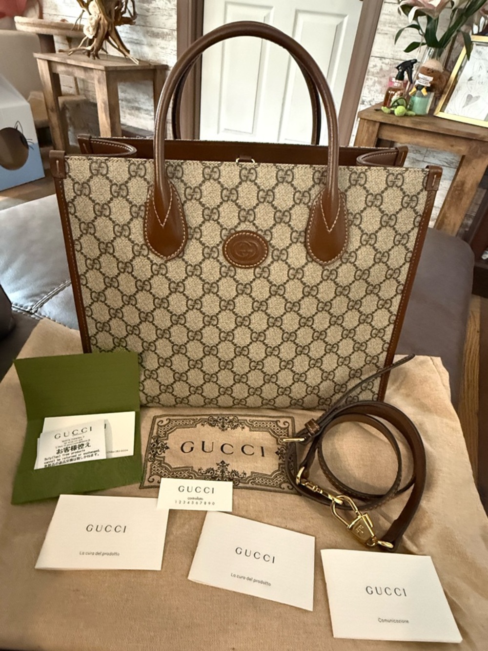 Gucci Beige GG Supreme Canvas Tote with Brown Leather Trim